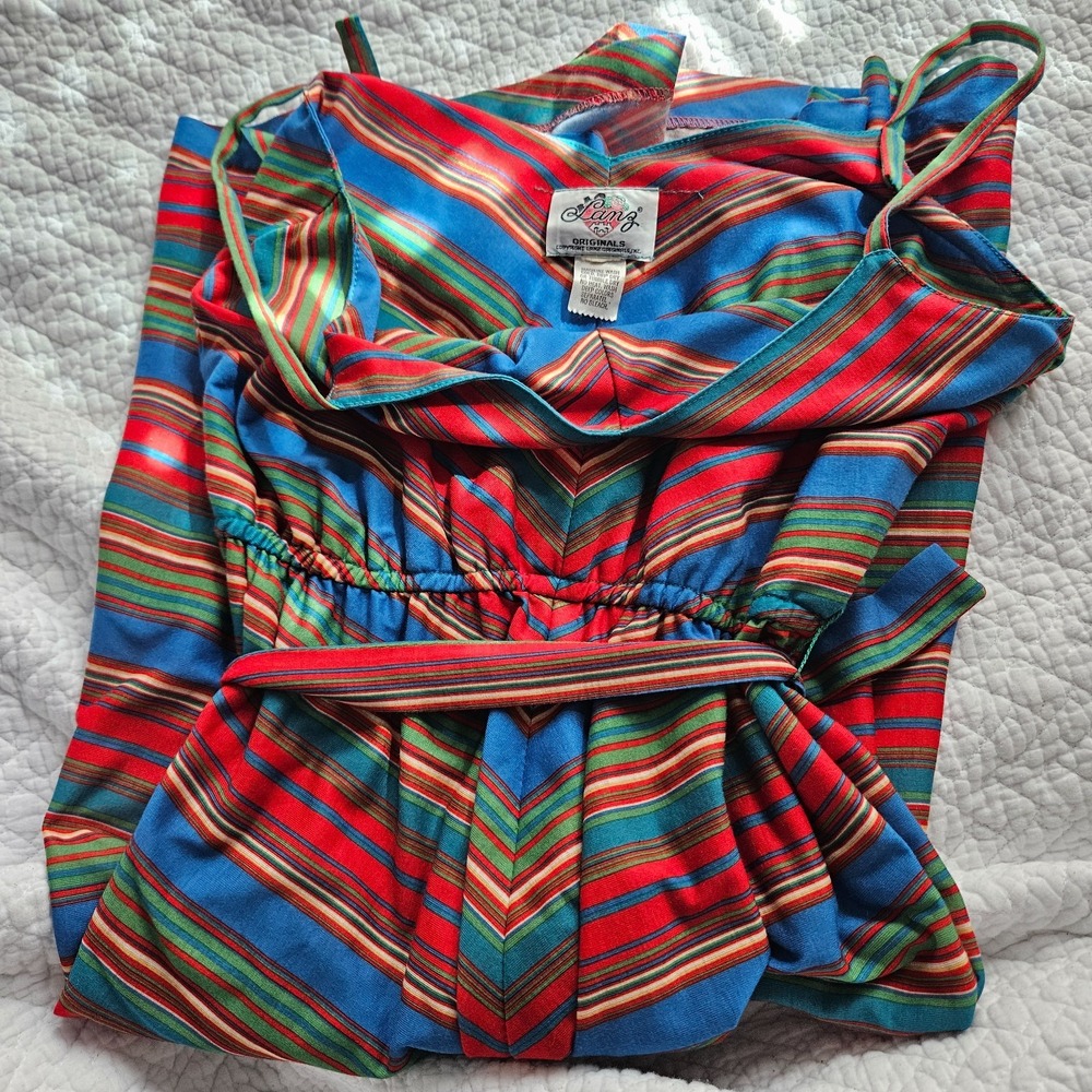 Vintage 70s Lanz Original Midi Dress Stripe Spaghetti Strap Belt S/M - Picture 3 of 16